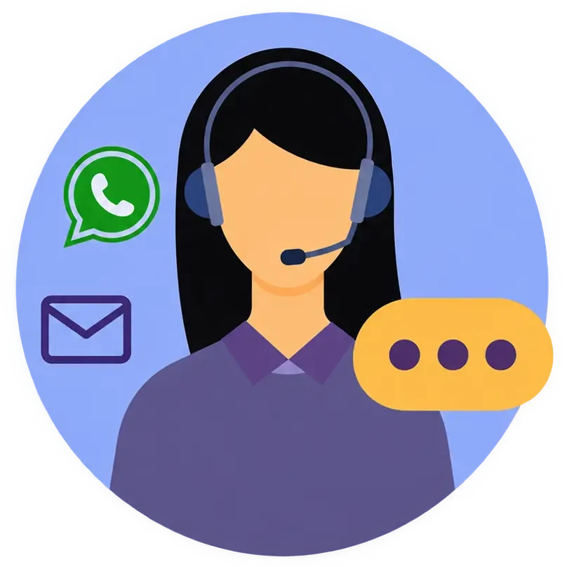 Ilustração da equipe de atendimento da Roxo Traduções com opções de contato por WhatsApp e e-mail