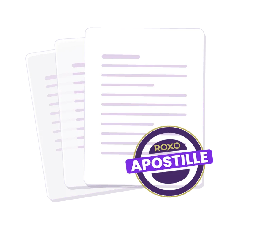 Three stacked documents with the Roxo Apostille seal stamped on the top one.