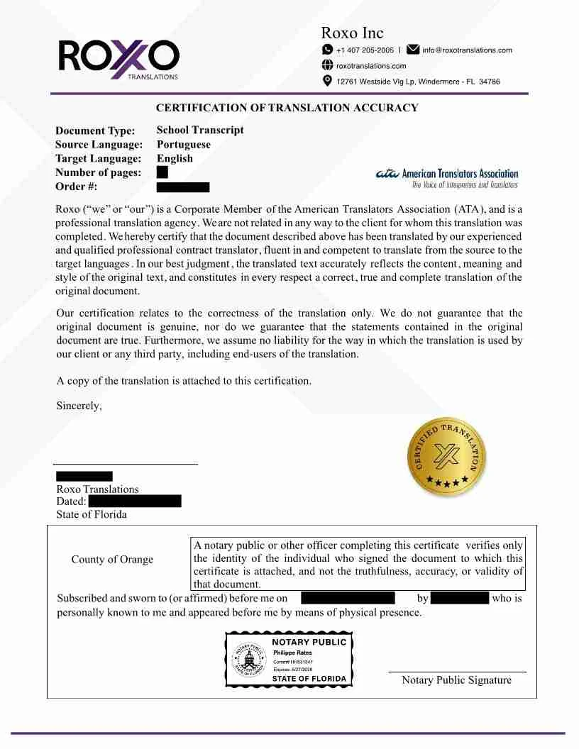 Ejemplo de declaración de precisión firmada por un traductor certificado de Roxo Traducciones