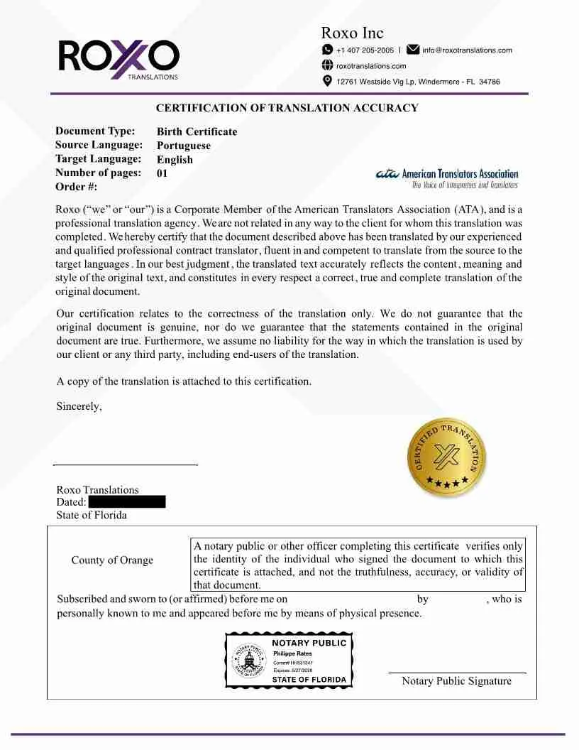 Sample translation affidavit sworn before a notary public for IRCC