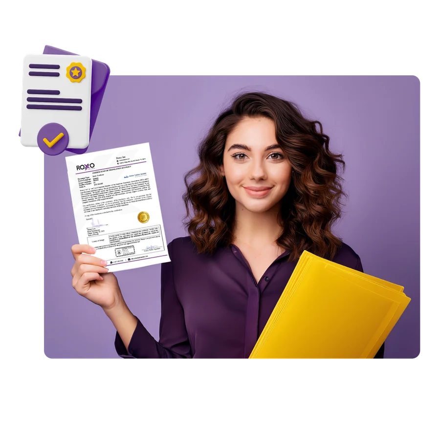 Translator holding a signed certificate of translation accuracy