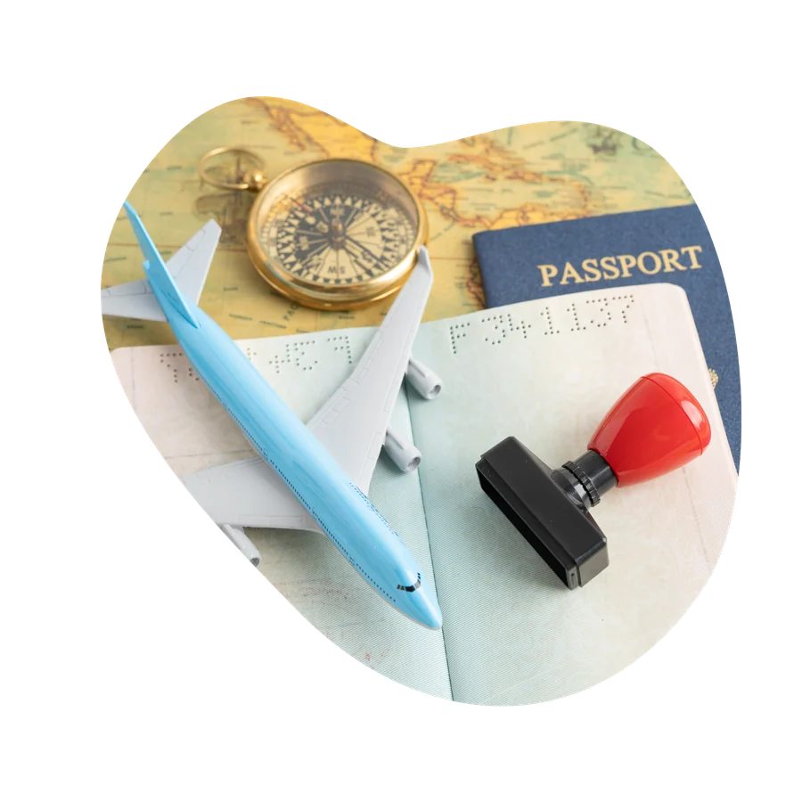 Passport and entry stamp on a map, documents for an IRCC application