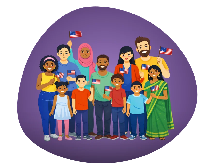 Immigrant families holding American flags, illustrating certified translation for USCIS