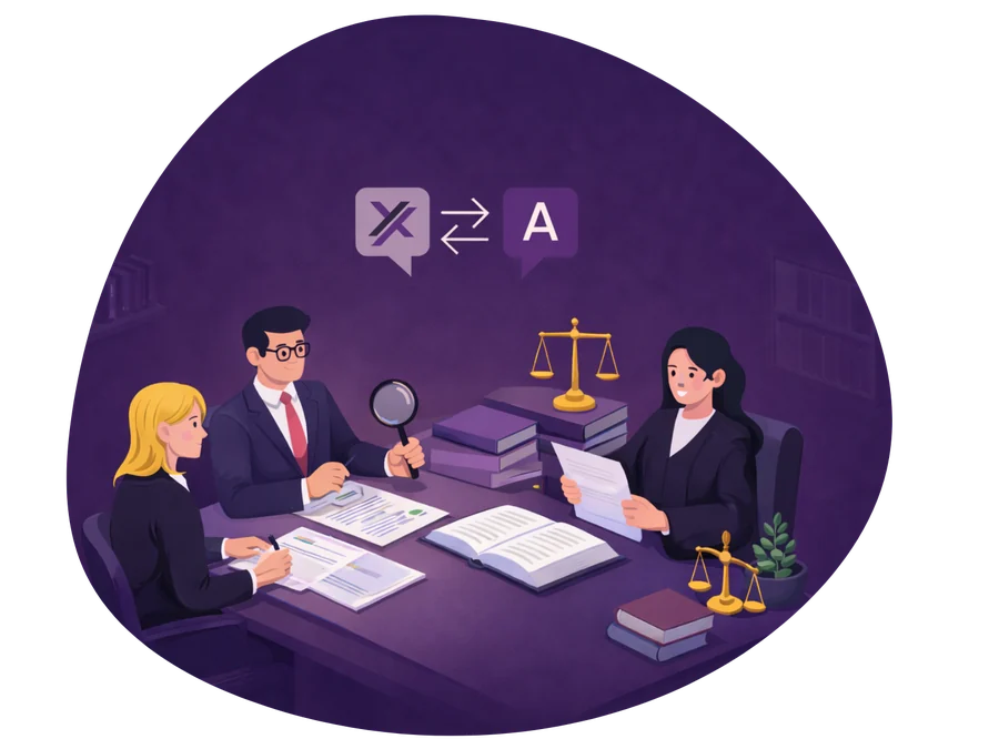 Abogados en una mesa de reunión revisando un contrato y su traducción
