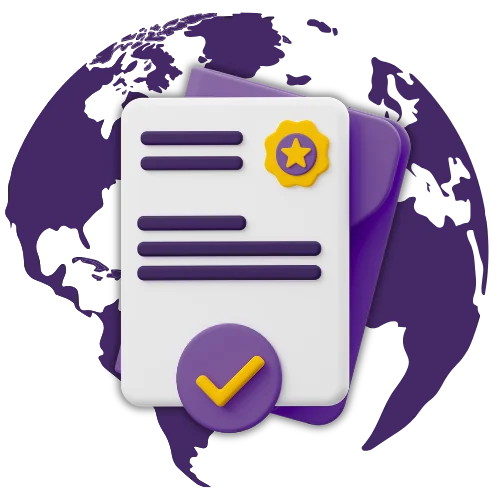 Certified translation document with a seal and check mark over a world map