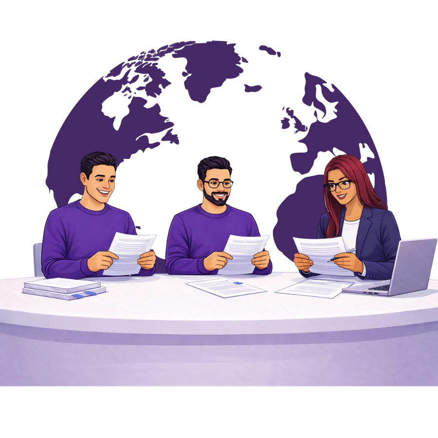 Traductores de Roxo trabajando juntos frente al mapa del mundo