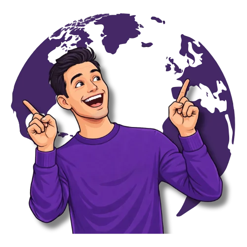 Tradutor sorridente apontando para o mapa-múndi, pronto para ajudar com idiomas raros
