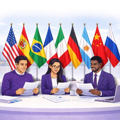 Tradutores revisando documentos numa mesa diante de bandeiras de vários países