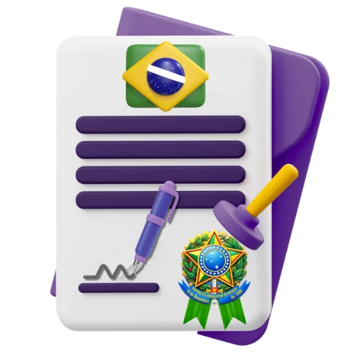 Tradução juramentada com a bandeira do Brasil, caneta e carimbo com o brasão da República