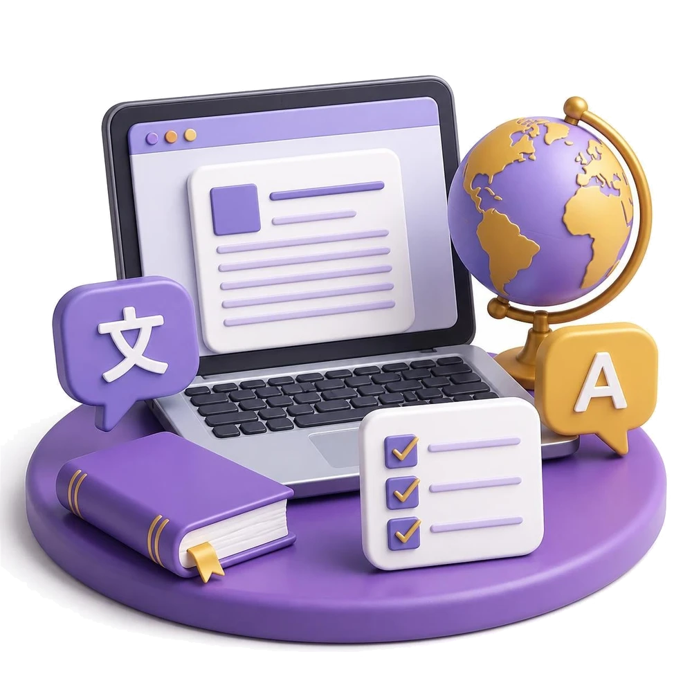 Laptop with a document on screen, a globe, language speech bubbles and a checklist