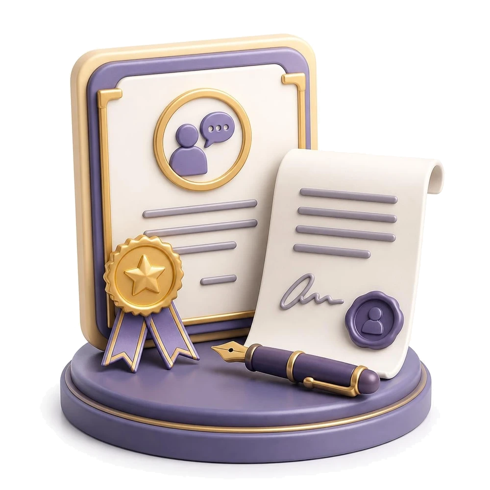 Translator credential with a medal next to a signed certified translation