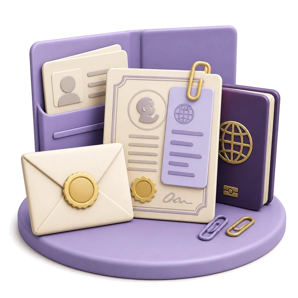 Immigration folder with documents and their certified English translations