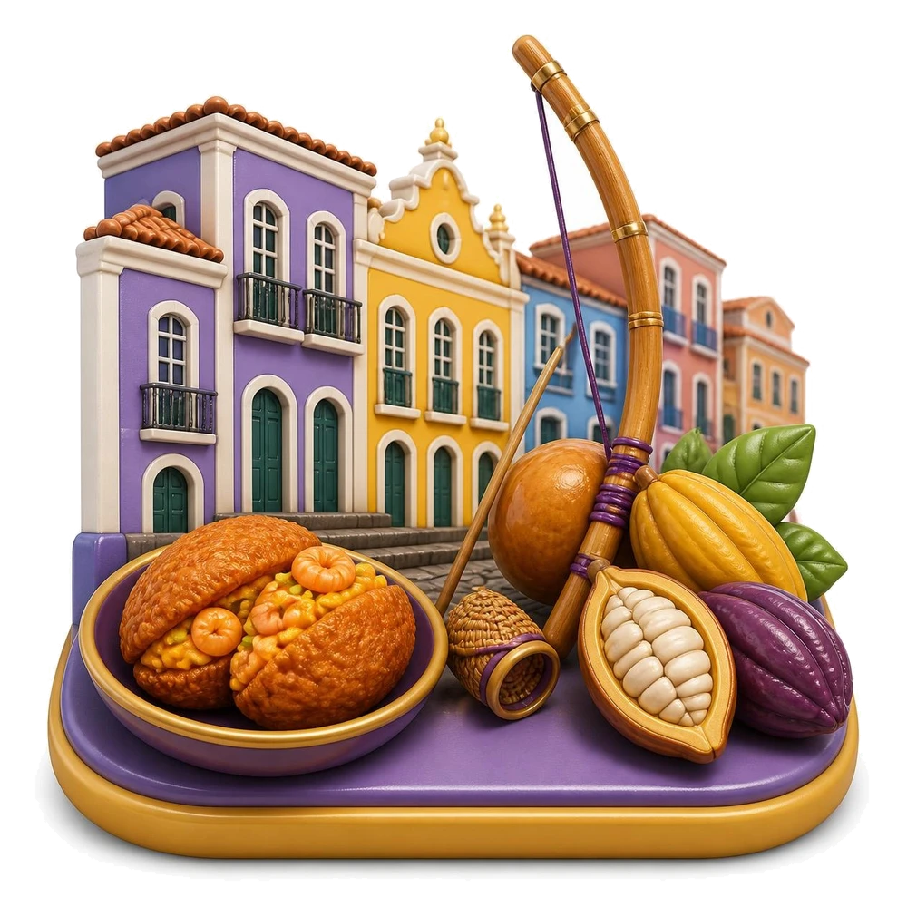 Casarões coloridos do Pelourinho, berimbau, acarajé e cacau da Bahia
