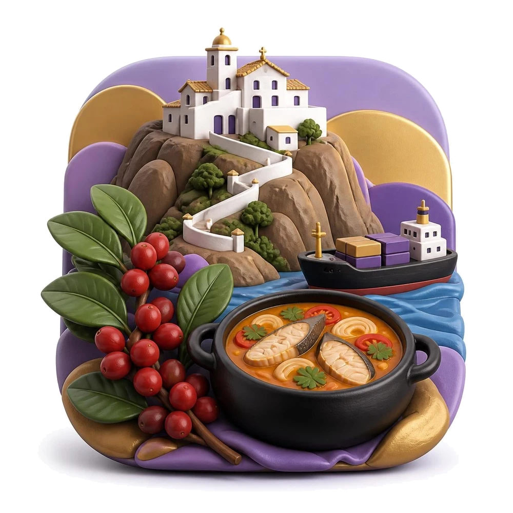 Convento da Penha, café conilon, panela de barro com moqueca e navio no Espírito Santo