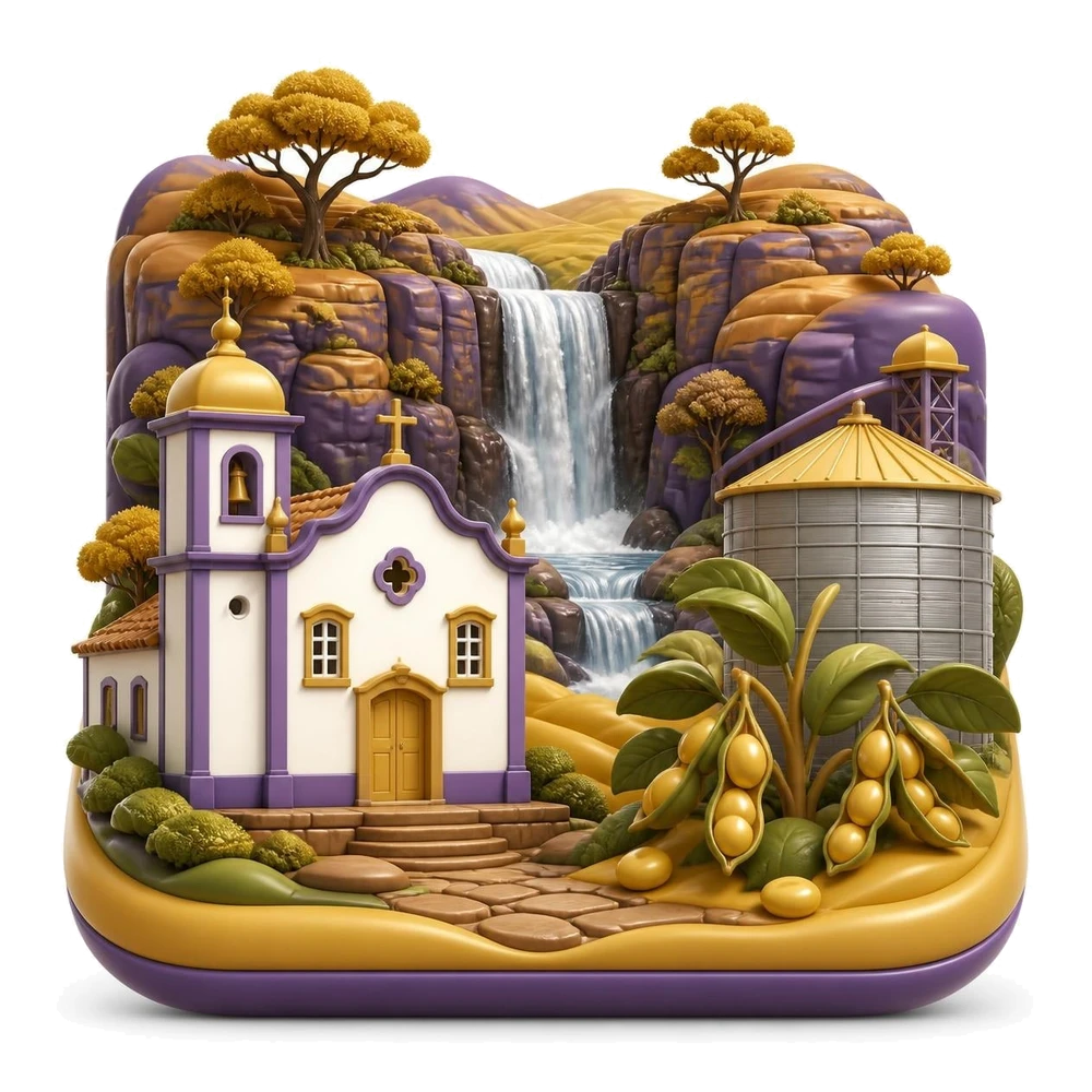 Igreja colonial da Cidade de Goiás, cachoeira do cerrado, soja e silo em Goiás