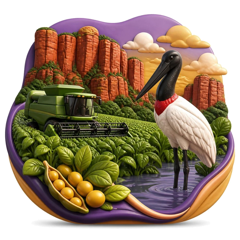 Campo de soja com colheitadeira, Chapada dos Guimarães e tuiuiú do Pantanal