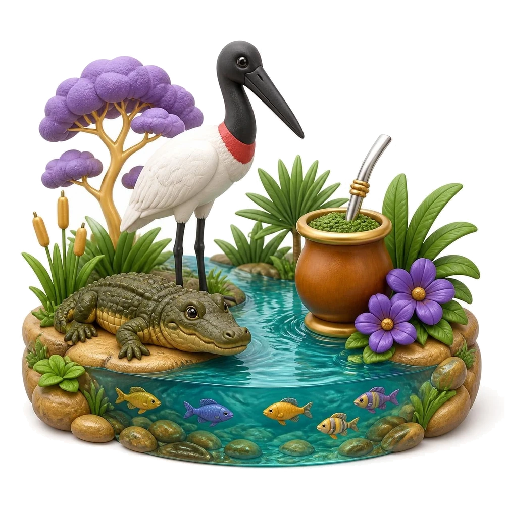 Pantanal com tuiuiú e jacaré, rio cristalino de Bonito e cuia de tereré