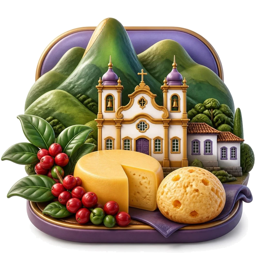 Montanhas de Minas Gerais, igreja barroca de Ouro Preto, café, queijo e pão de queijo