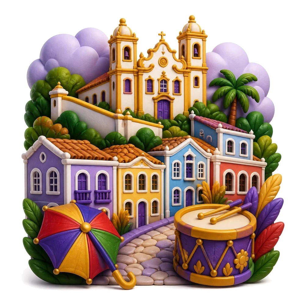 Casarões e igreja de Olinda, sombrinha de frevo e tambor de maracatu