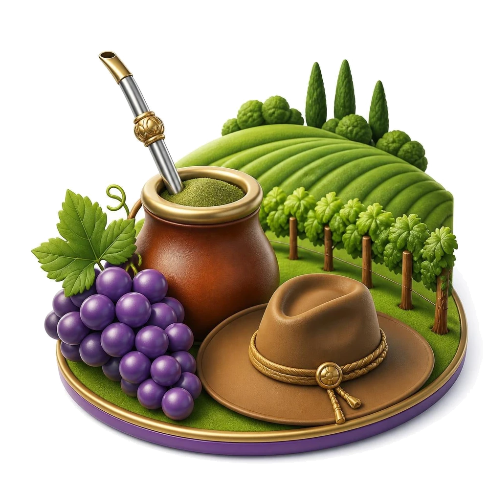 Cuia de chimarrão, uvas e parreiral e chapéu gaúcho do Rio Grande do Sul