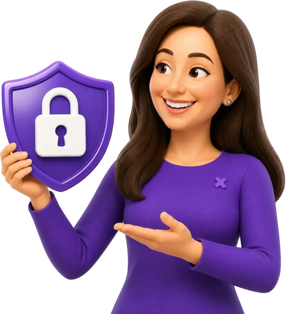 Adriana Rates, de Roxo Translations, sosteniendo un escudo con candado que representa la seguridad de sus datos