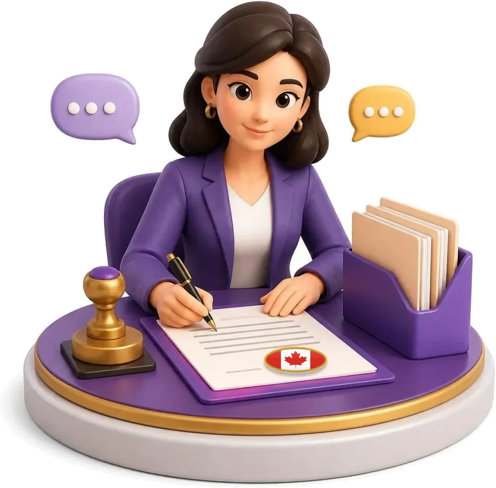 Traductora de Roxo en su mesa firmando una traducción certificada con el sello de la bandera de Canadá