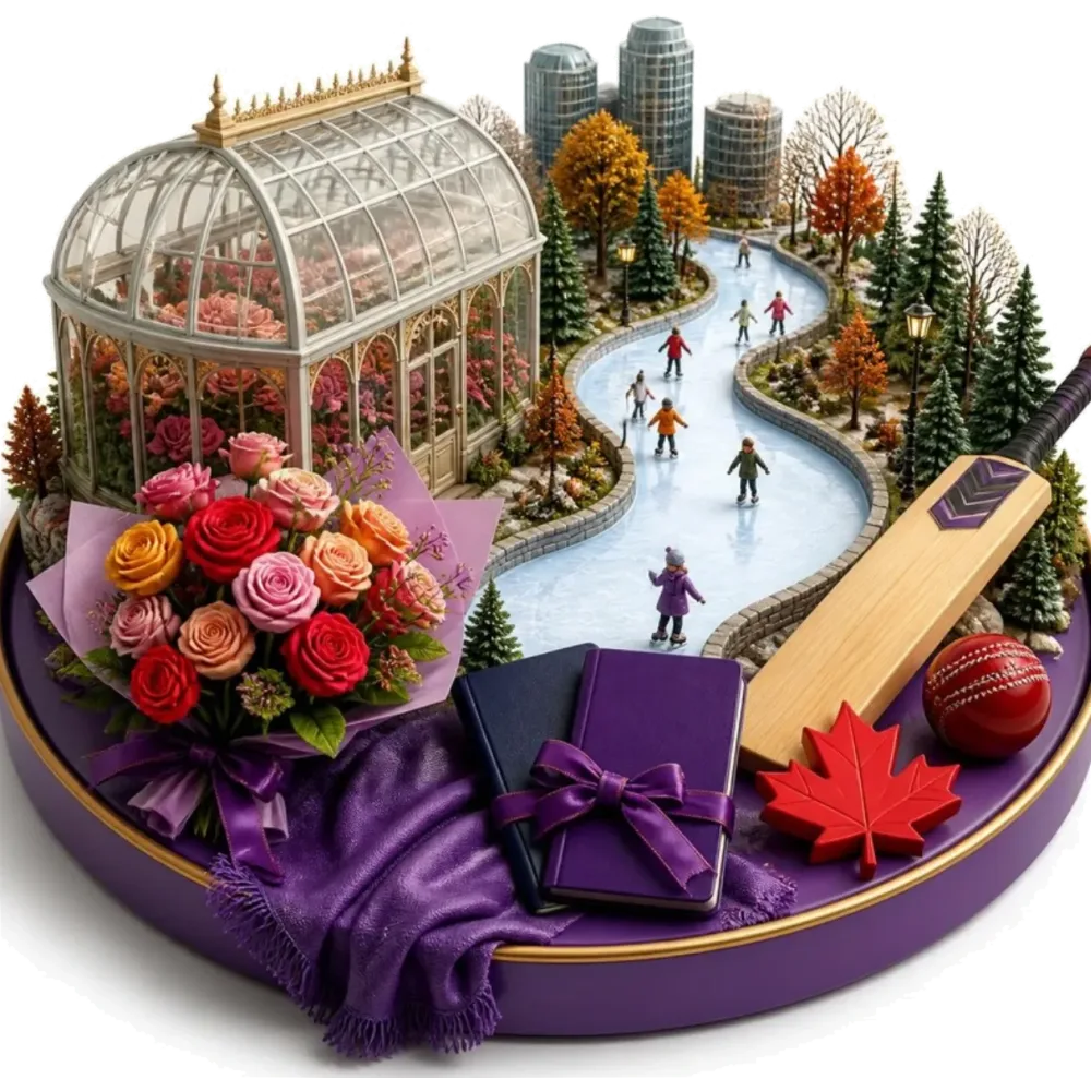 Ilustración de Brampton: un invernadero de flores, un ramo de rosas, la pista de patinaje del Gage Park, una hoja de arce y pasaportes