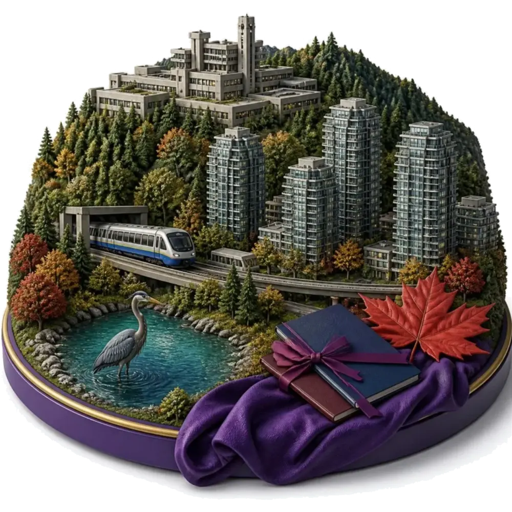 Ilustración de Burnaby: un campus universitario en una montaña con bosque, las torres de Metrotown, un vagón del SkyTrain, un lago con una garza, una hoja de arce y pasaportes