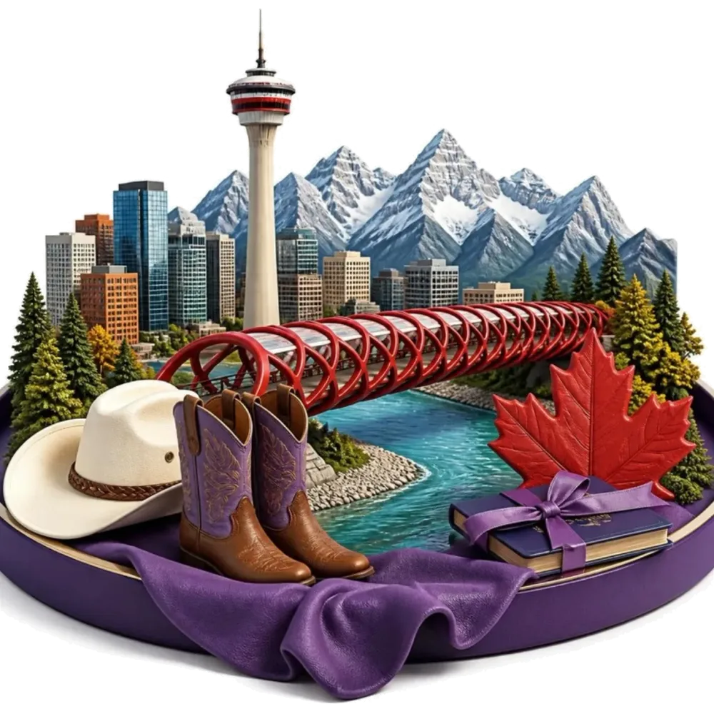Ilustración de Calgary: la Calgary Tower, el Peace Bridge, un sombrero y botas vaqueras, las Montañas Rocosas, una hoja de arce y pasaportes