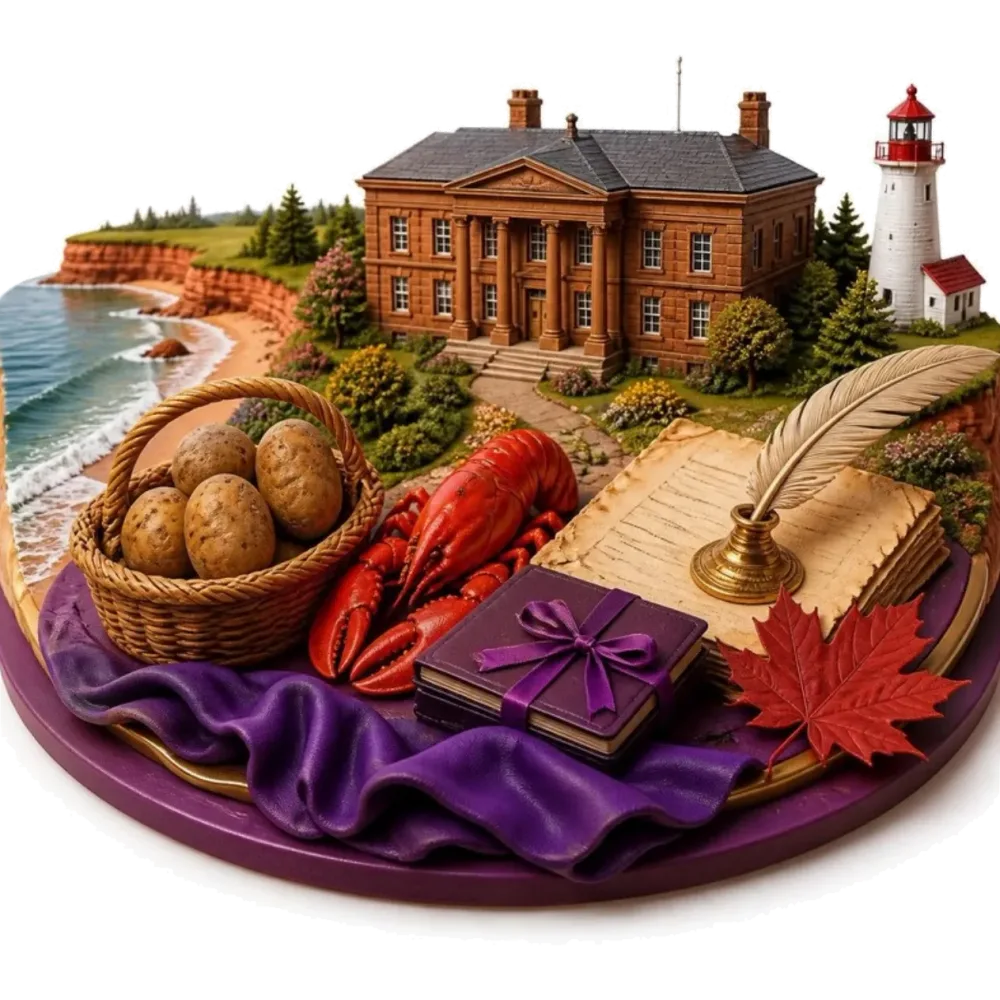 Ilustración de Charlottetown: la Province House, una playa de arena roja, un faro, una cesta de papas, una langosta, una hoja de arce y pasaportes