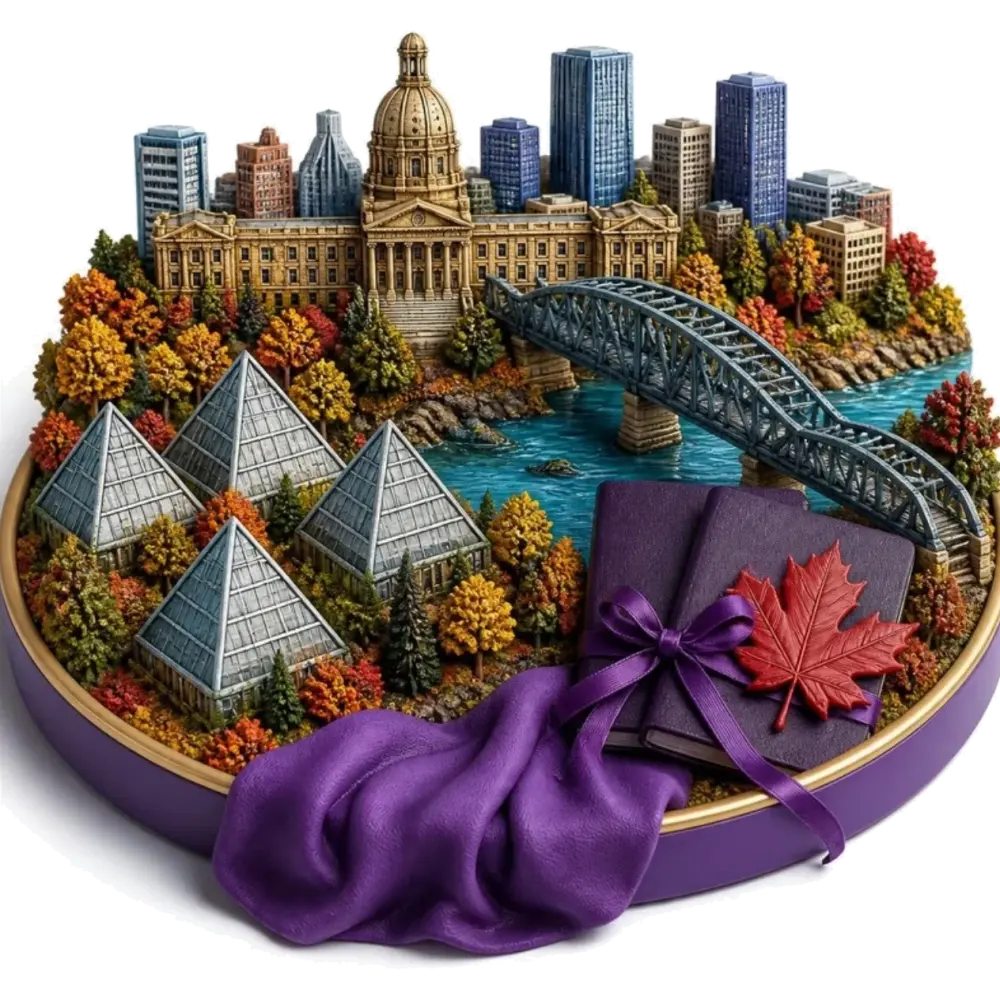Ilustración de Edmonton: el parlamento de Alberta, el High Level Bridge, cuatro invernaderos en pirámide de vidrio, el valle del río en otoño, una hoja de arce y pasaportes