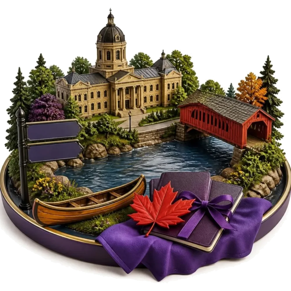 Ilustración de Fredericton: el edificio de la Asamblea Legislativa, el río Saint John, un puente cubierto, un cartel bilingüe en inglés y francés, una hoja de arce y pasaportes