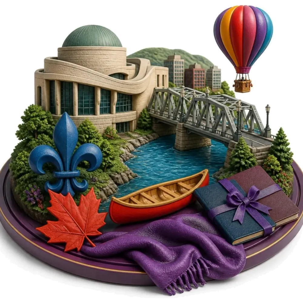 Ilustración de Gatineau: el Canadian Museum of History, un puente sobre el río Ottawa, un globo aerostático, una canoa, una hoja de arce y pasaportes