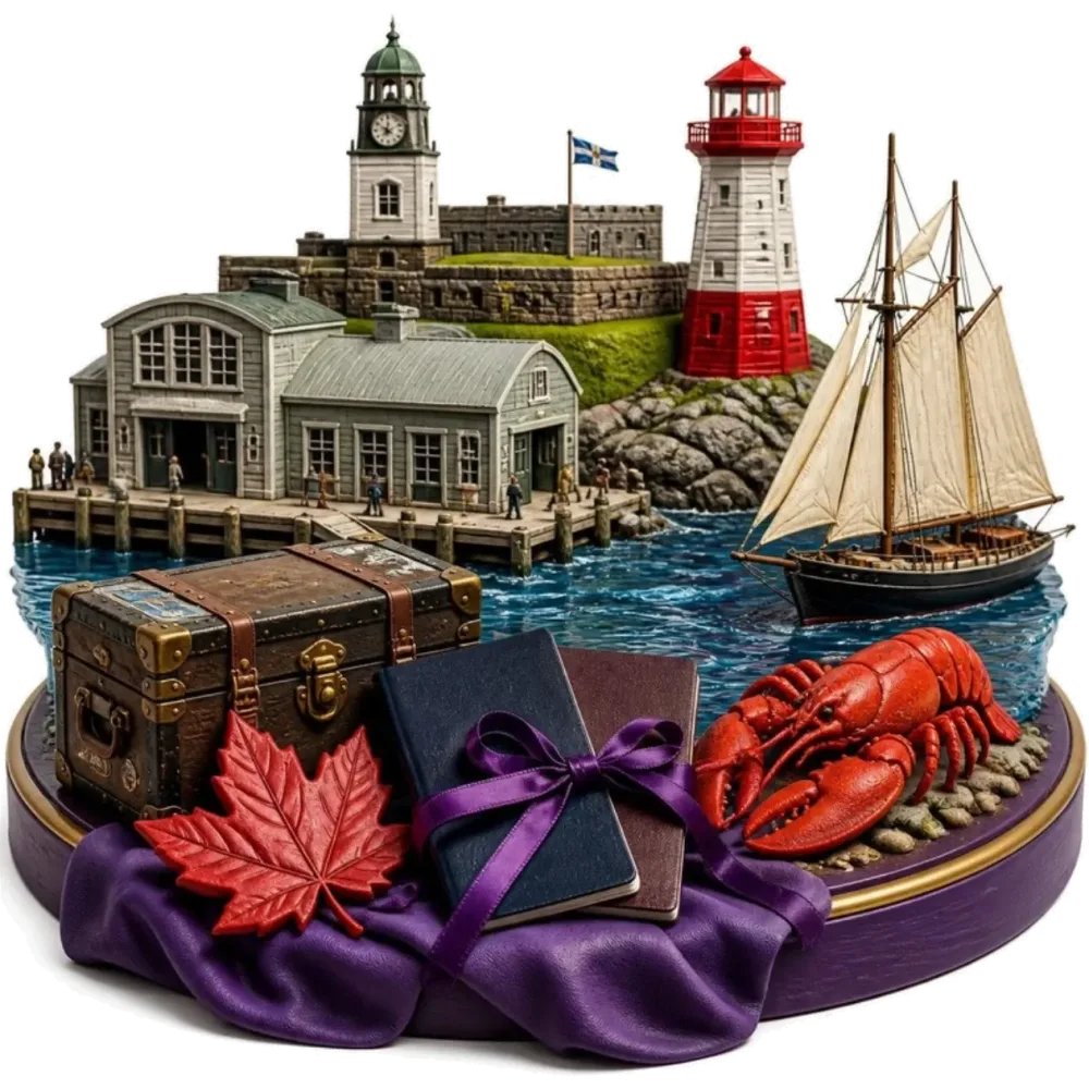 Ilustración de Halifax: el Pier 21, la torre del reloj de la Ciudadela, un faro, un velero, una langosta, una hoja de arce y pasaportes