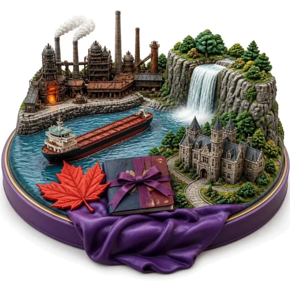 Ilustración de Hamilton: una acería junto al puerto, una cascada en la Escarpa del Niágara, un carguero del lago, una hoja de arce y pasaportes