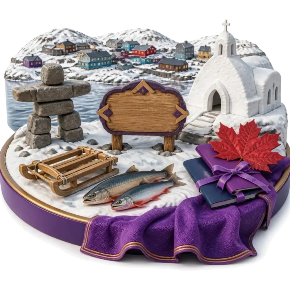 Ilustración de Iqaluit: un inukshuk, un trineo qamutik, salvelinos árticos, una iglesia con forma de iglú, un letrero de madera, una hoja de arce y pasaportes