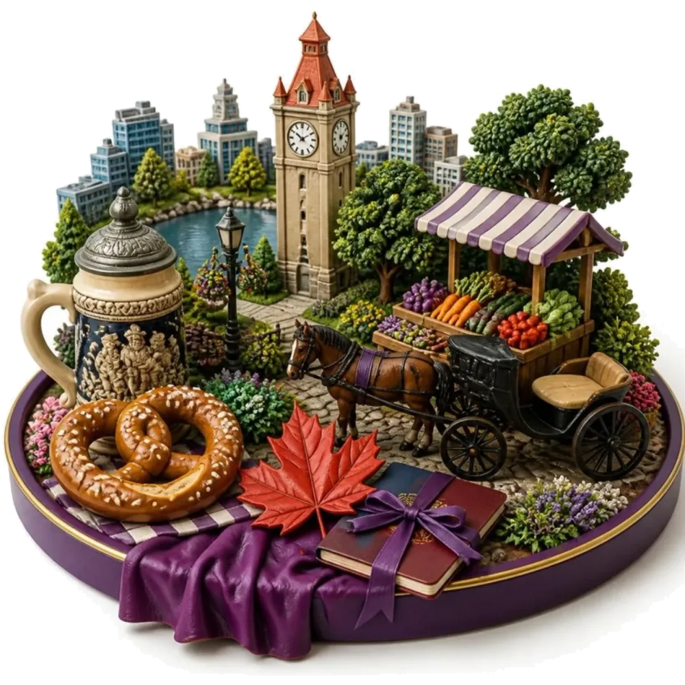 Ilustración de Kitchener: un pretzel y una jarra del Oktoberfest, la torre del reloj del Victoria Park, un puesto de mercado, una hoja de arce y pasaportes