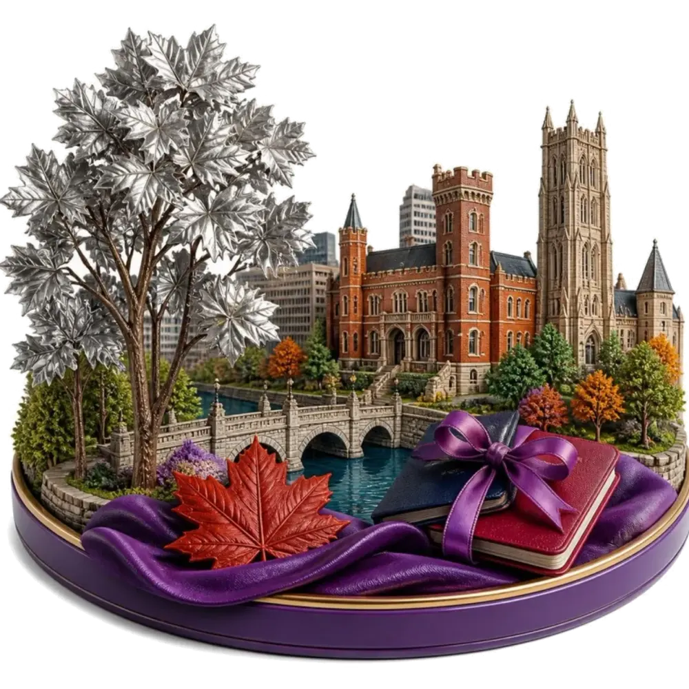 Ilustración de London, Ontario: arces plateados, un puente sobre el río Thames, un tribunal histórico con torres, una hoja de arce y pasaportes