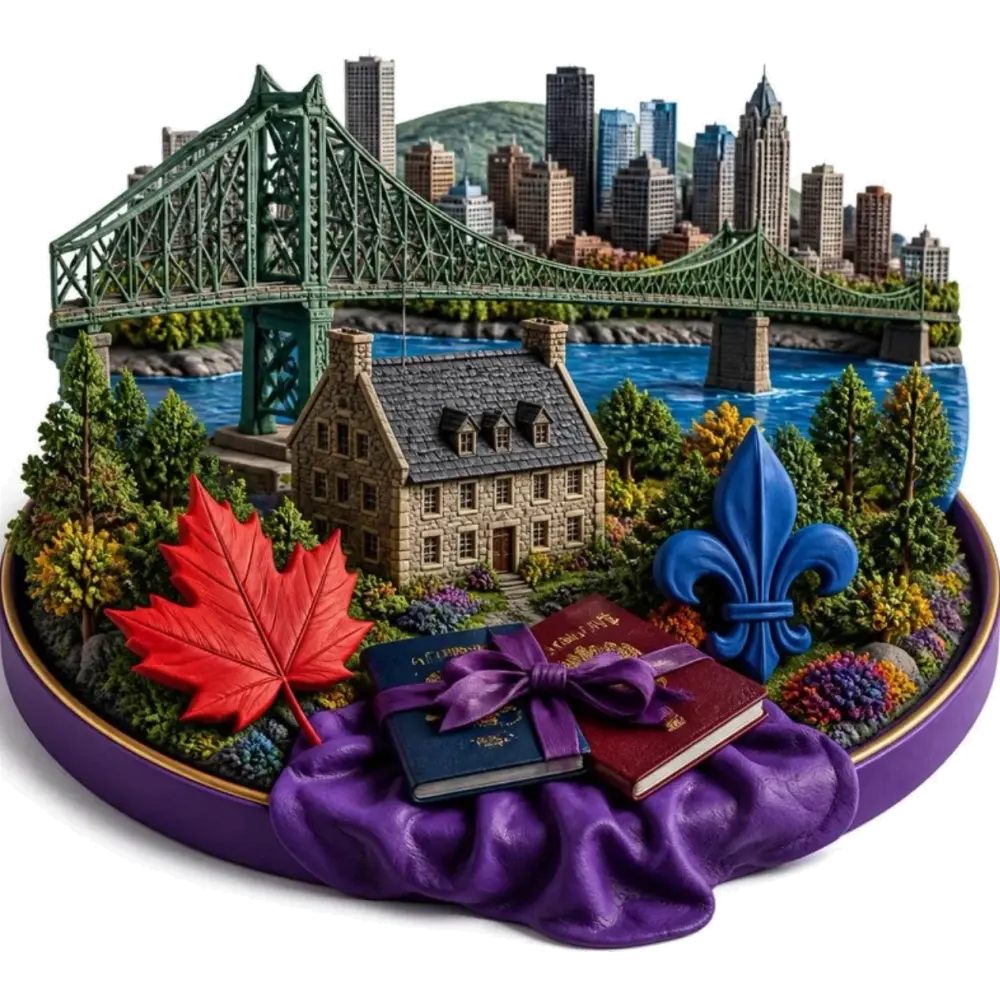 Ilustración de Longueuil: el puente Jacques-Cartier, una casa señorial, el perfil de Montreal al otro lado del río, una hoja de arce y pasaportes