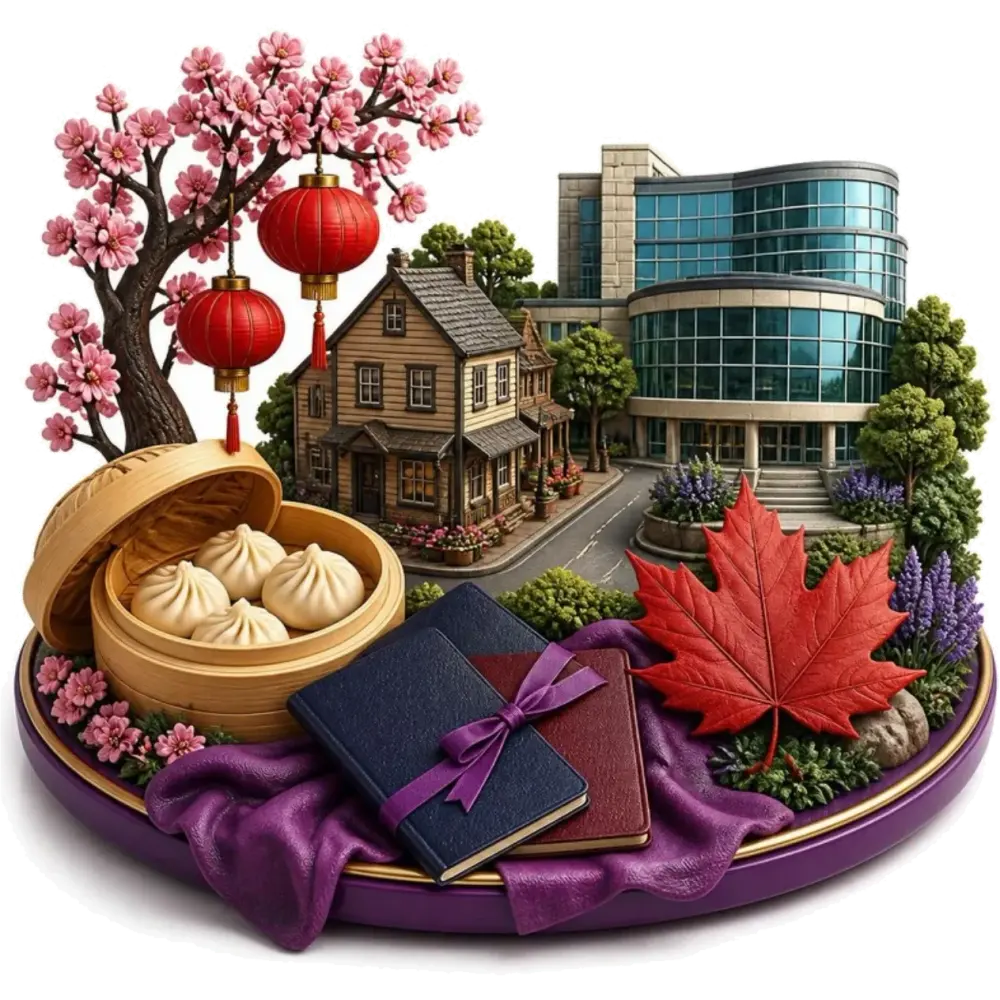 Ilustración de Markham: faroles rojos, una cesta de dim sum, una casa histórica de Main Street Unionville, un edificio moderno de campus, una hoja de arce y pasaportes