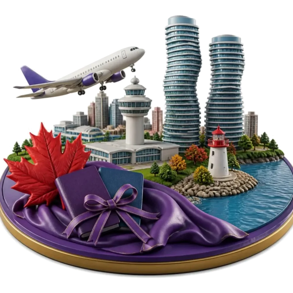Ilustración de Mississauga: un avión sobre el Toronto Pearson, las torres curvas Absolute World, el faro de Port Credit, una hoja de arce y pasaportes