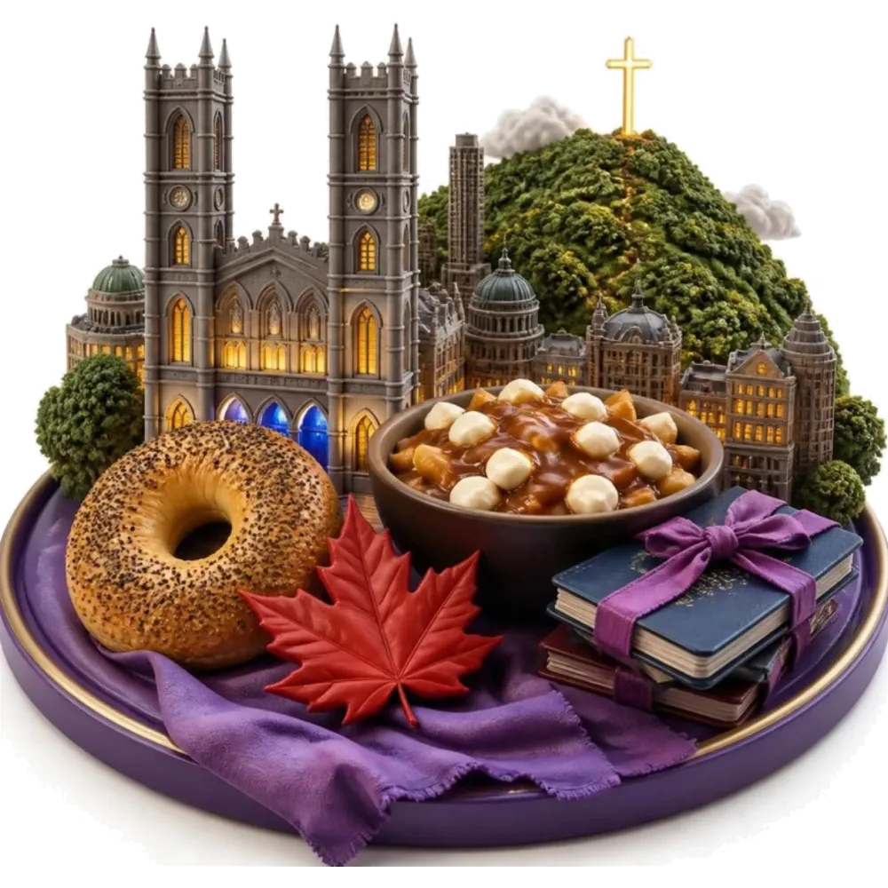 Ilustración de Montreal: la cruz del Mont Royal, la Basílica de Notre-Dame, un bagel, poutine, una hoja de arce y pasaportes
