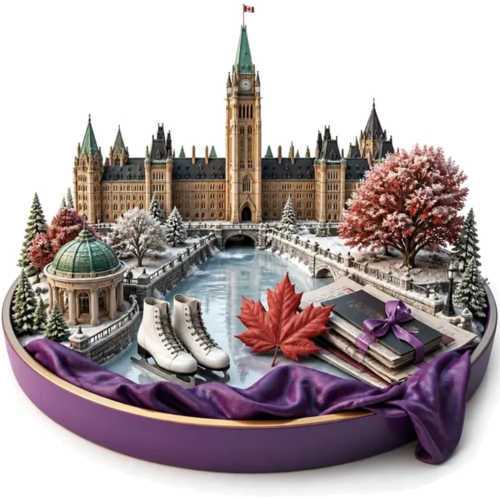 Ilustración de Ottawa: la Peace Tower del Parlamento, patines sobre el Canal Rideau congelado, una hoja de arce y pasaportes
