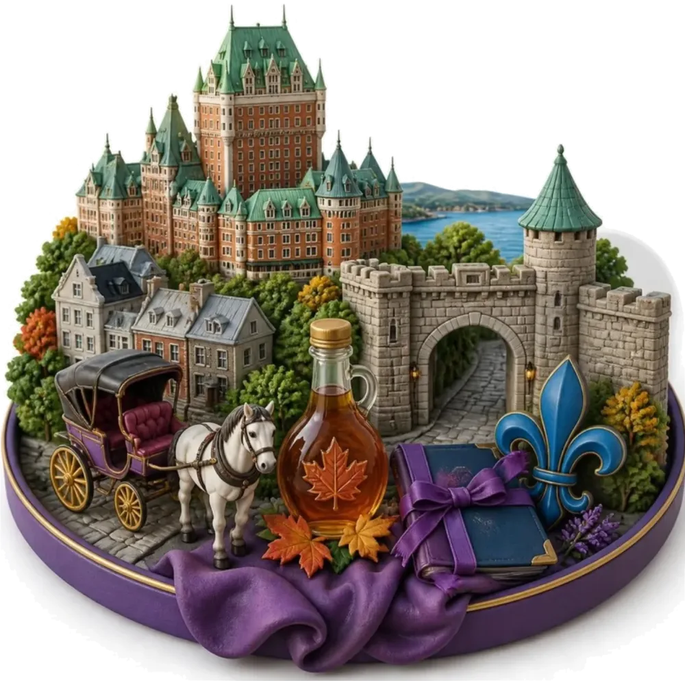 Ilustración de la Ciudad de Quebec: el Château Frontenac, las murallas con una puerta, una calesa, jarabe de arce, una flor de lis y pasaportes