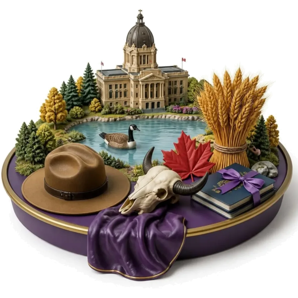Ilustración de Regina: el Palacio Legislativo de Saskatchewan, el lago Wascana, el sombrero de la policía montada, un cráneo de bisonte, una gavilla de trigo y pasaportes