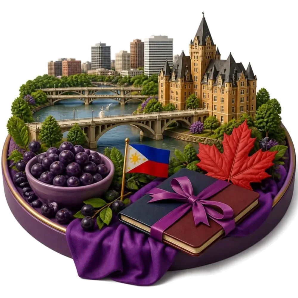 Ilustración de Saskatoon: puentes sobre el río South Saskatchewan, el hotel Bessborough, un cuenco de saskatoon berries, una bandera de Filipinas, una hoja de arce y pasaportes