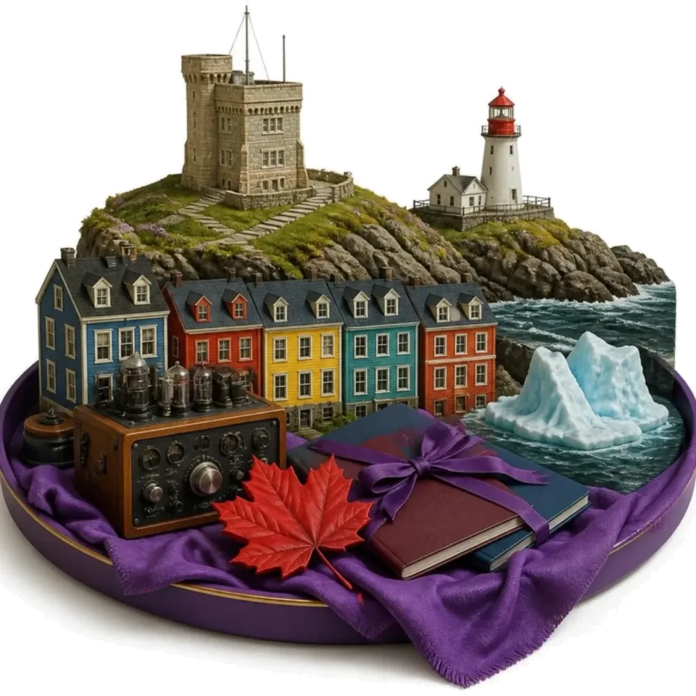 Ilustración de St. John’s: la Cabot Tower en Signal Hill, el faro de Cape Spear, casas de colores, un receptor de radio antiguo, una hoja de arce y pasaportes