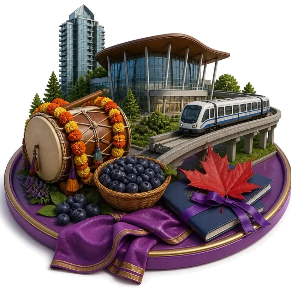 Ilustración de Surrey: un centro cívico moderno, un vagón del SkyTrain, un tambor dhol con caléndulas, una cesta de arándanos, una hoja de arce y pasaportes