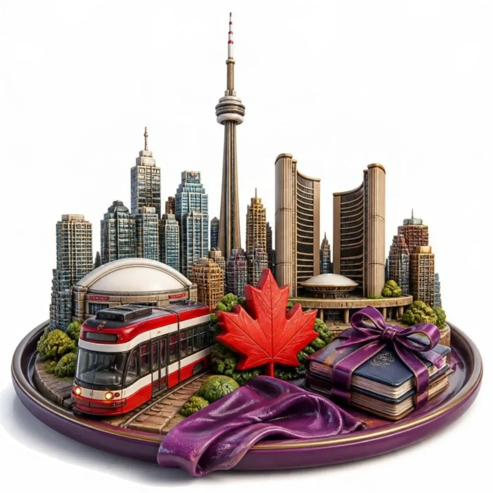 Ilustración de Toronto: la CN Tower, el ayuntamiento, el tranvía rojo, una hoja de arce y pasaportes