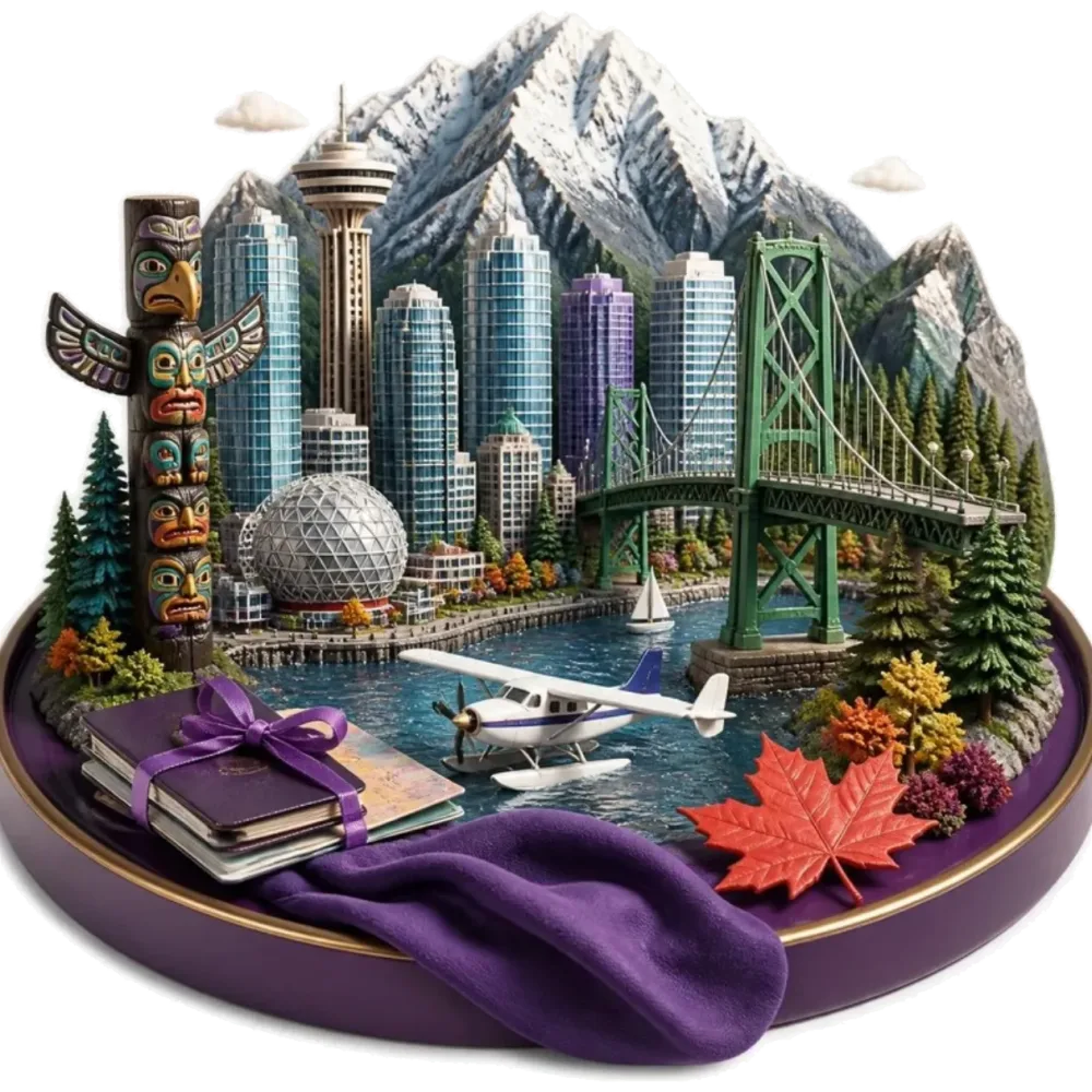 Ilustración de Vancouver: el Lions Gate Bridge, las montañas detrás de los edificios, un hidroavión, un tótem, una hoja de arce y pasaportes